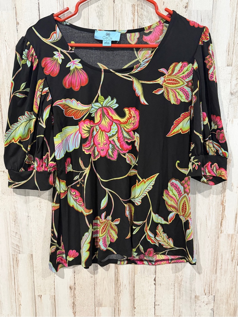 CeCe Women’s Large Black Floral Blouse Colorful Puff Sleeve Stretch Top